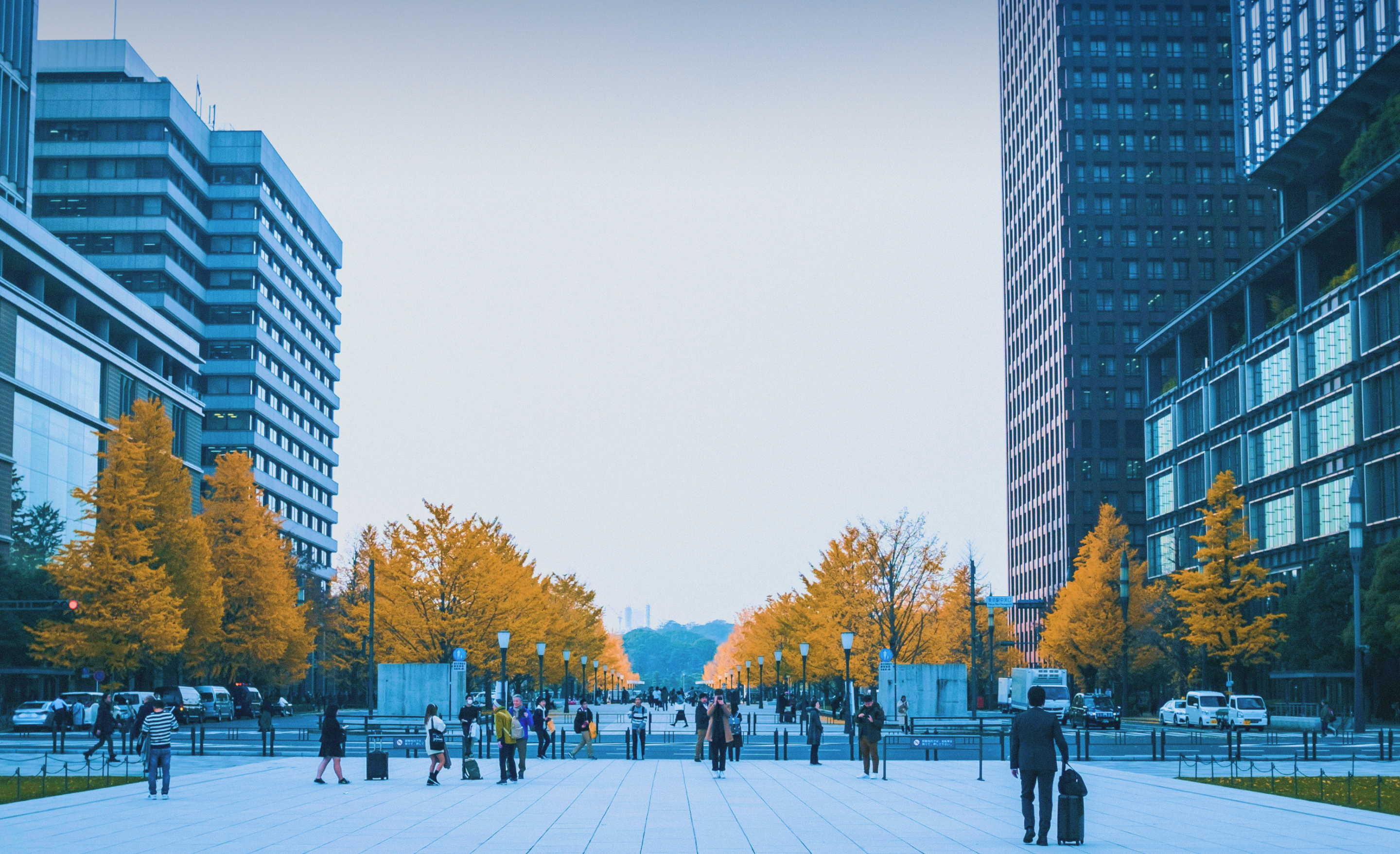 秋の季節に黄金色の木々に囲まれた都市の歩道を歩く人々と、その両側に位置する高層ビル